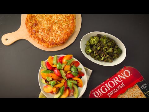 Roasted Garlic Broccoli & Avocado Tomato Salad paired with Four Cheese Pizza