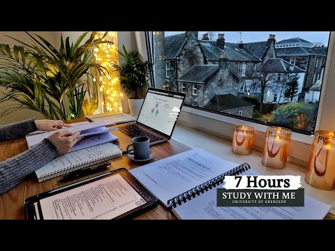 7 HOUR STUDY WITH ME on A RAINY DAY | Background noise, 10-min Break, No music, Study with Merve