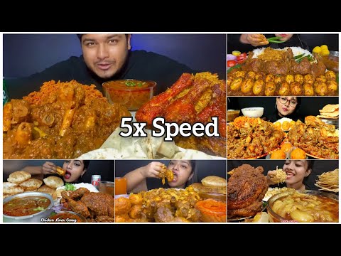 5x Speed Eating | Spicy Chicken Biryani, Whole Chicken Curry, Mutton Fat Curry With Rice Eating ASMR