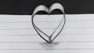 Kolay karakalem 3d kalp çizimi- Sevgililer günü kalbi çizimi- 3d heart drawing