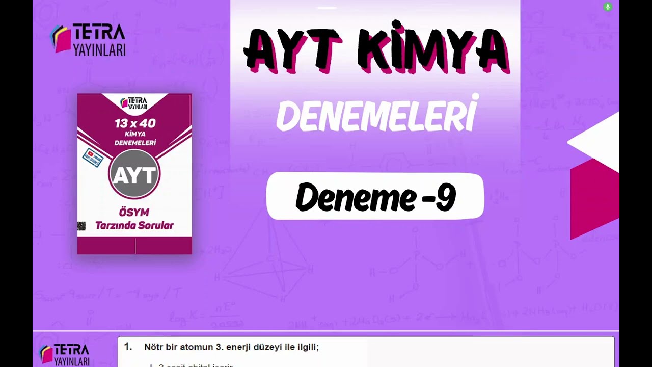 Tetra Yayınları AYT Kimya 9. Deneme Çözümü 🔬 ÖSYM Tarzı Full Anlatım