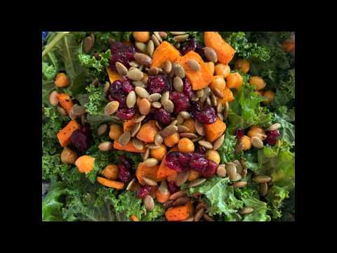 Roasted sweet potato Kale Salad with Chickpeas and Cranberries