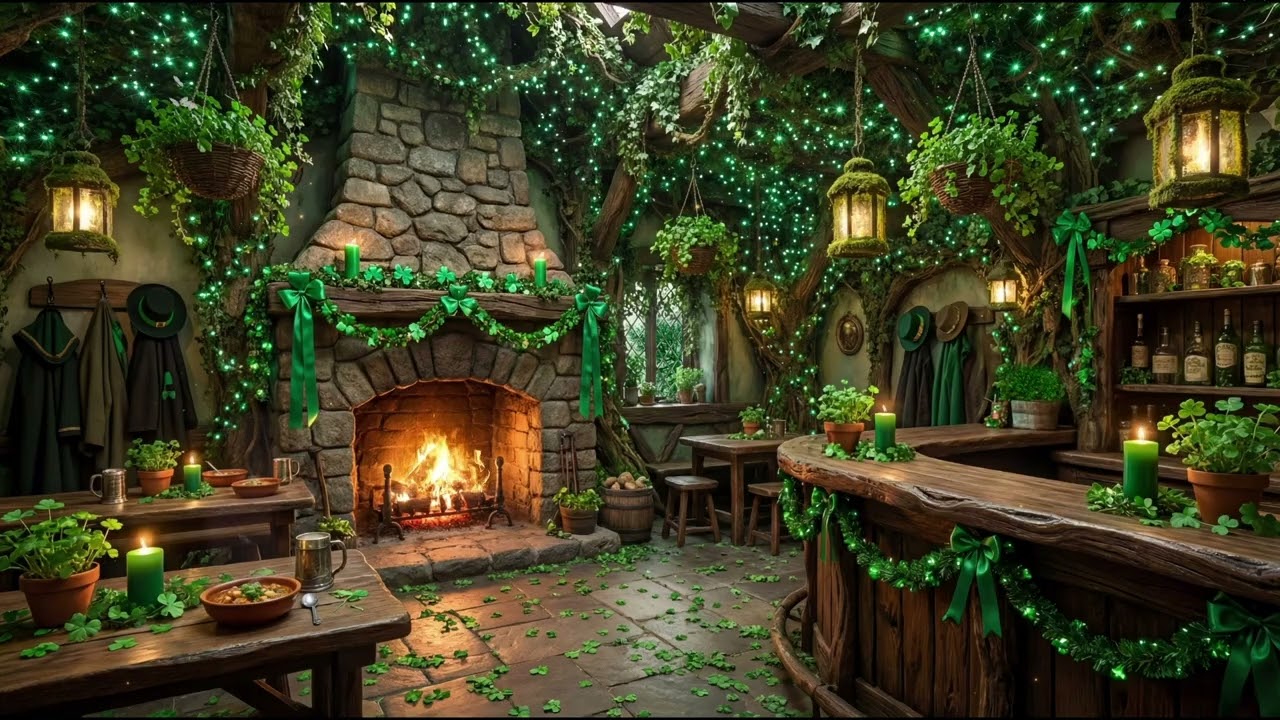 Cozy Woodland Fairy Pub Ambience | Relaxing Irish Music & Crackling Fireplace