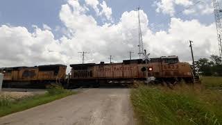 UP local train with c44ac and SD70m with k3la horn on the waco sub in Taylor TX