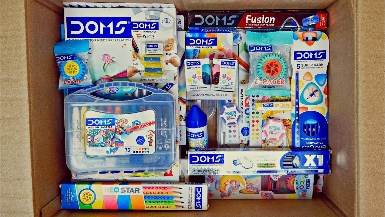 Unboxing doms stationery items - Plastic Crayons, wax crayon, highlighters, colour pencils, sharpner