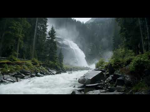 Calming Powerful Mountain Waterfall and River. Relaxing Nature Sounds. (10 Hours, 4K). White