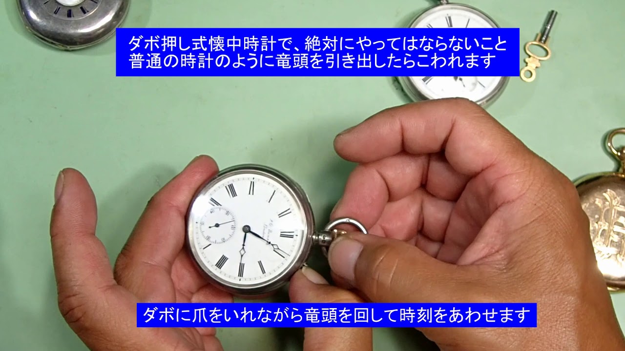 古い懐中時計の使い方 時刻合わせ、メインスプリング巻き上げ、蓋の