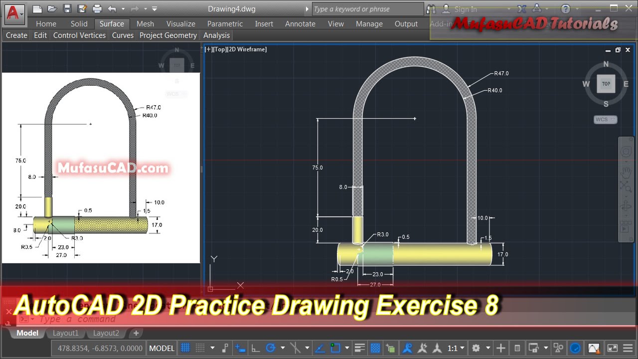 Autocad 2d Practice Drawing Exercise 8 Basic Tutorial Youtube