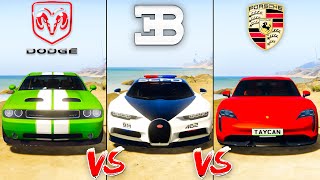 Porsche Taycan Turbo S vs Police Bugatti Chiron vs Dodge Challenger - GTA 5 Mods Which car is best