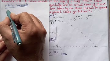 A hiker stands on the edge of a cliff 490 m above the ground and throws stone horizontally with an