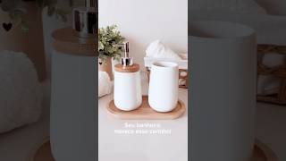 KIT CONJUNTO PARA BANHEIRO LAVABO DISPENSER SABONETE LÍQUIDO E PORTA ESCOVA CERÂMICA E BAMBU