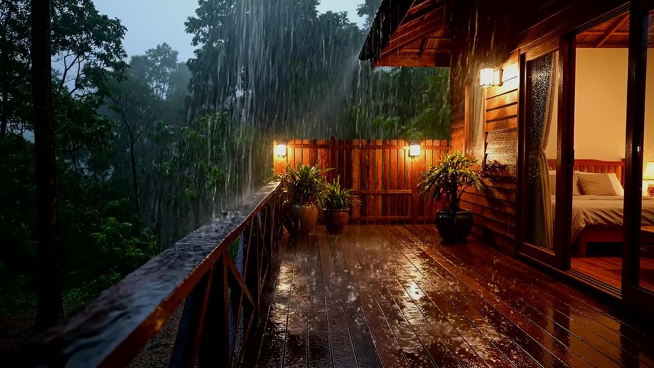 Calming Rain Ambience at Night for Deep Sleep and Relaxation - Balcony Rain