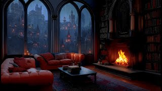 Cozy Gothic Fireplace Rainy Night with Forest Rain & Soft Piano for Calm Mind screenshot 2