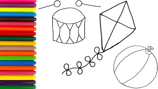 How to Draw and color easy a cute Drum Kite Beach Ball🥁🎈🌈Drawing for kids and Toddlers 🥁🎈 🌈 #024