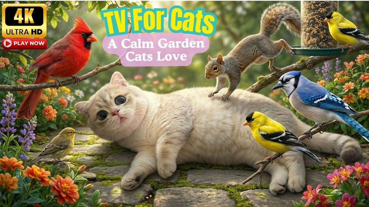 Cat TV 🐦 Bird Garden Adventure With Curious Cat Moments & Playful Squirrel | 1+ Hour 4K UHD