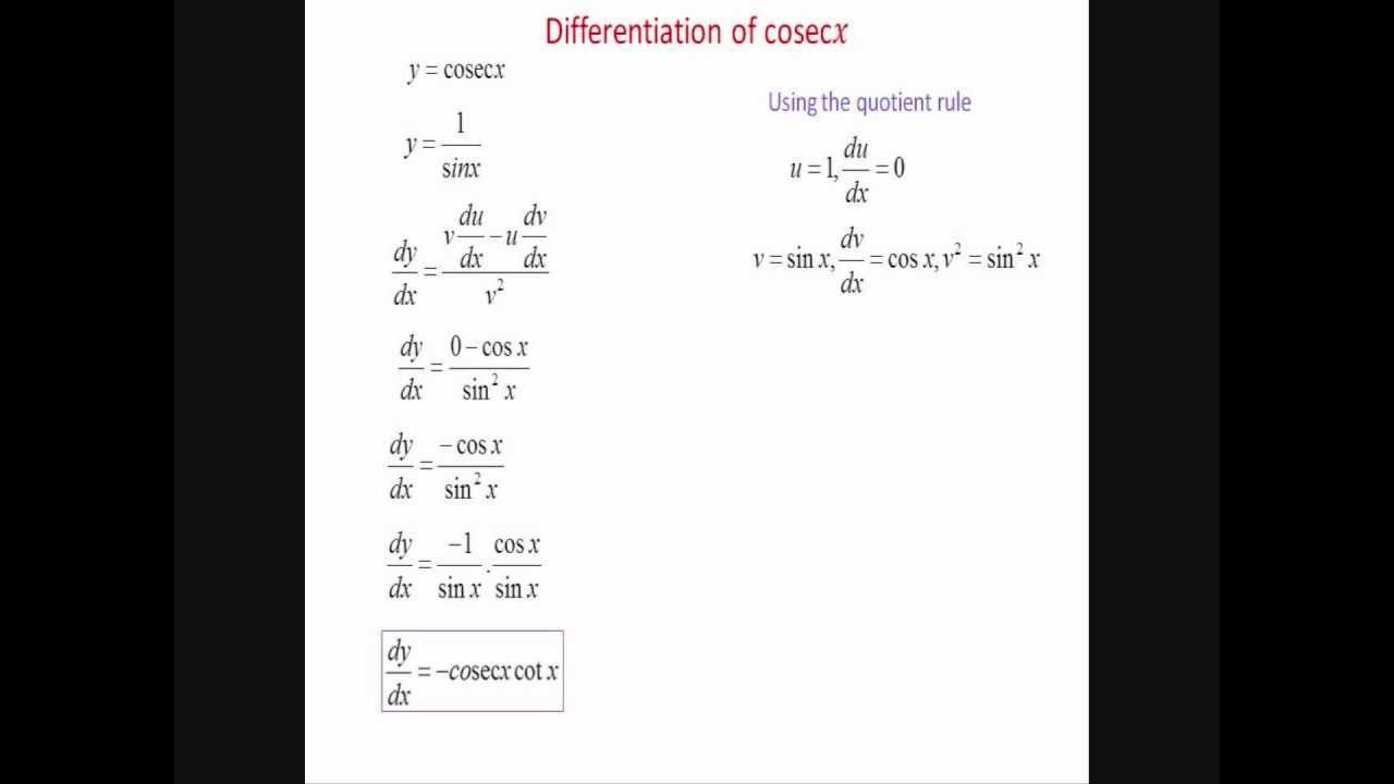 Differentiation of cosecx YouTube