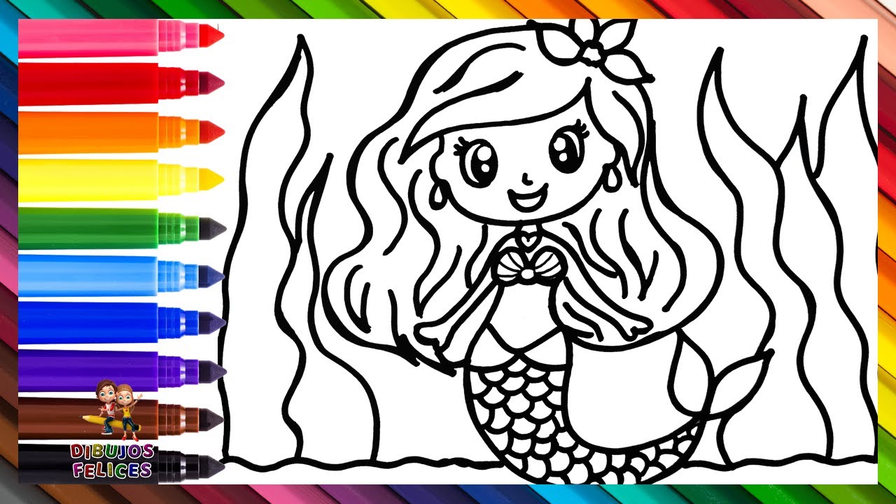 Dibuja y Colorea Una Linda Sirena 🧜‍♀️🌊🌈 Dibujos Para Niños