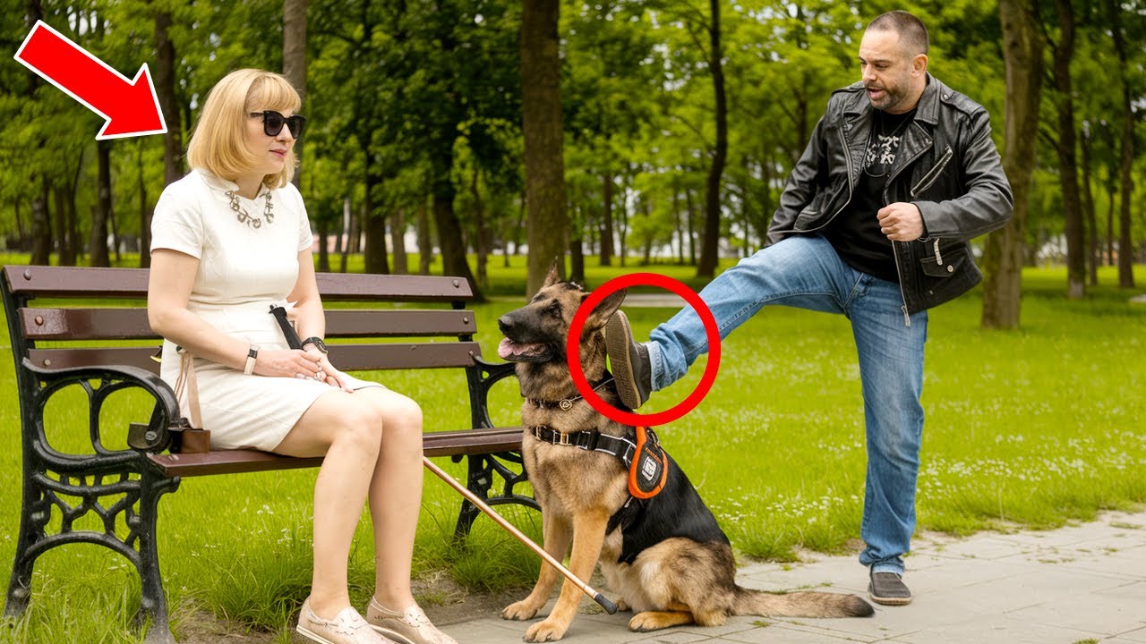 Biker verspottet und tritt den Blindenführhund eines Mädchens – ohne zu wissen, dass es ein ehema...
