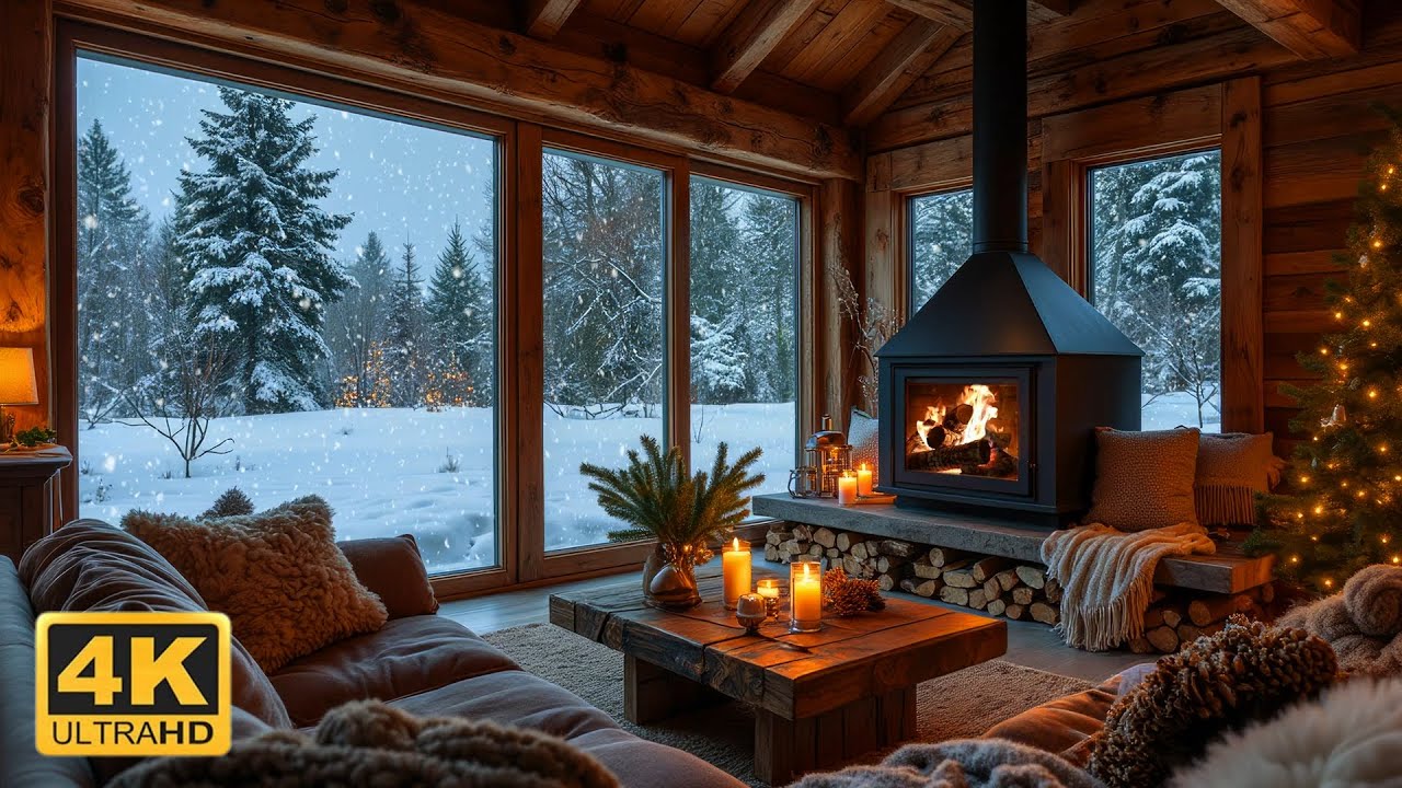 Snowfall at Cozy Winter Cabin Ambience ❄️ Slow Piano Music & Fireplace Sounds for Relaxation