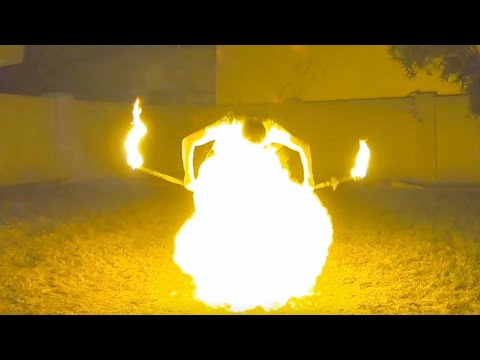 Fire Breathing Cornstarch with Double Staff HUGE FIREBALLS!!!