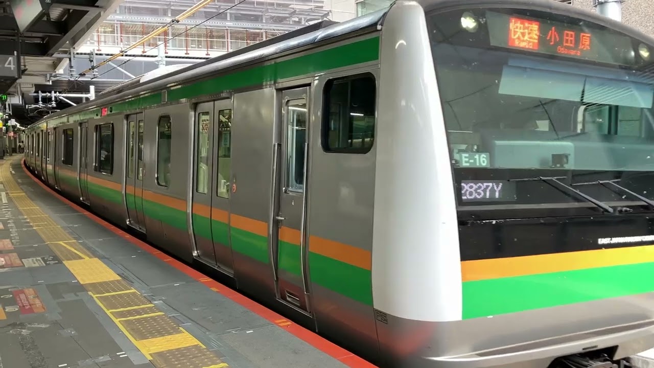 E233系3000番台(10両)＆E231系1000番台(5両) 湘南新宿ライン 東海道線直通 快速 小田原行き 渋谷駅4番線発車するだけの動画