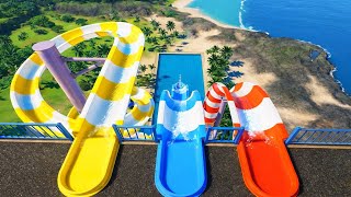 Straight vs Stairs Down vs Spiral Water Slide | Planet Coaster 2