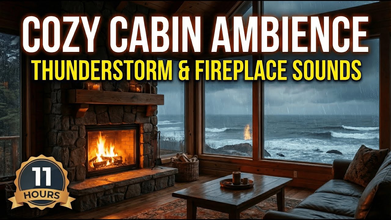 Cozy Cabin Ambience with Crackling Fireplace & Ocean Waves Sounds | Deep Sleep, Relax, Study