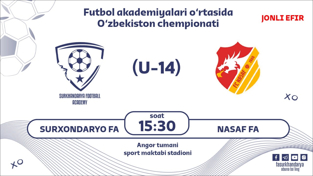 SURXONDARYO FA U14 vs NASAF FA U14 | LIVESTREAM