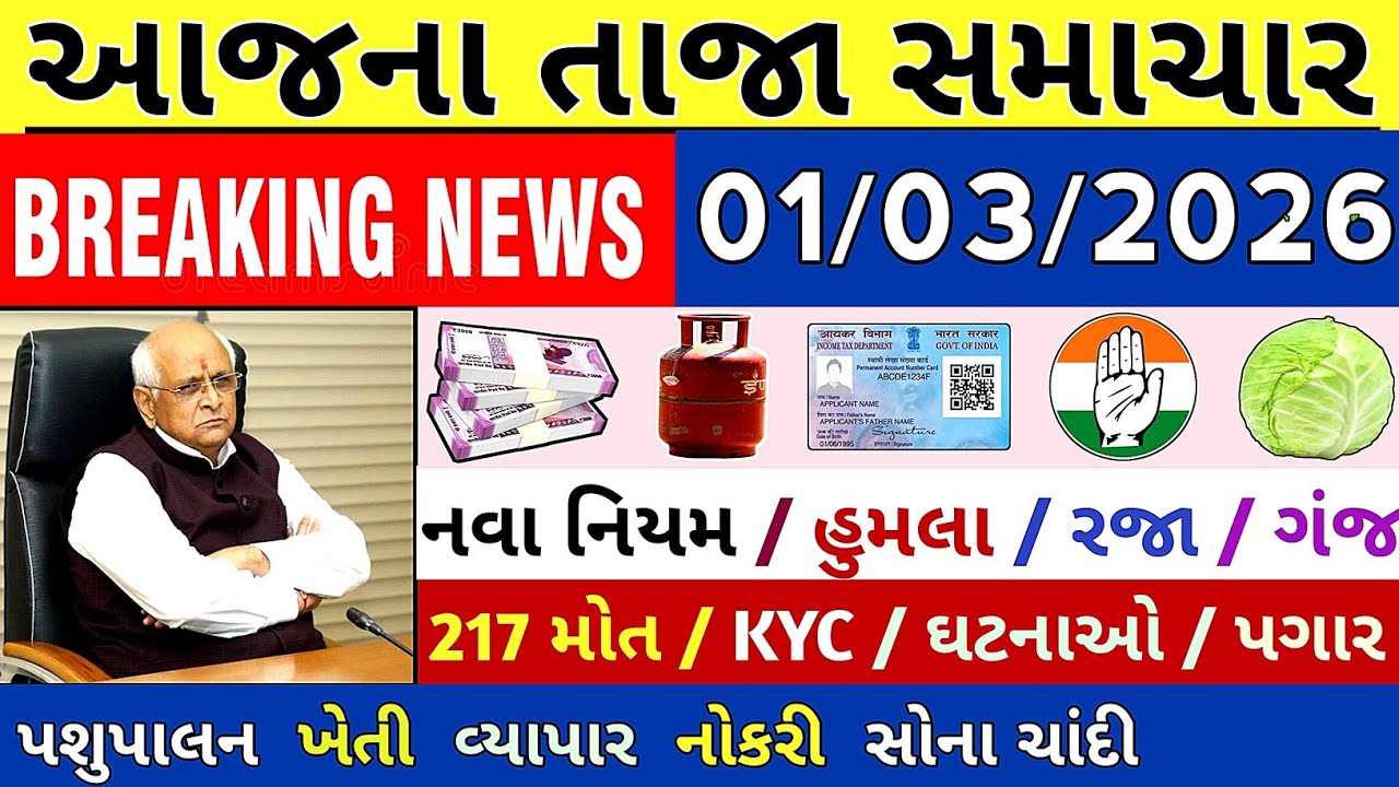 આજના તાજા 50 મોટા સમાચાર  || 01 માર્ચ 2026 || હવામાન,ખેડૂત યોજના,પેટ્રોલ,KYC,GST #gujaratinews 