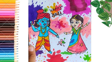 Holi Drawing | Radha Krishna Holi Drawing | Radha Krishna Drawing | Vasant Utsav Drawing | Brush pen