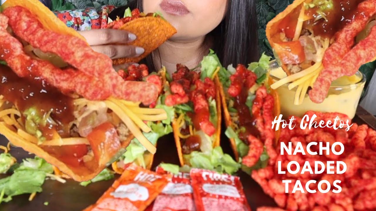 NACHO CHEESE CRUNCHY LOADED TACOS TOPPED WITH HOT CHEETOS CHEESE SAUCE ASMR FOOD EATING