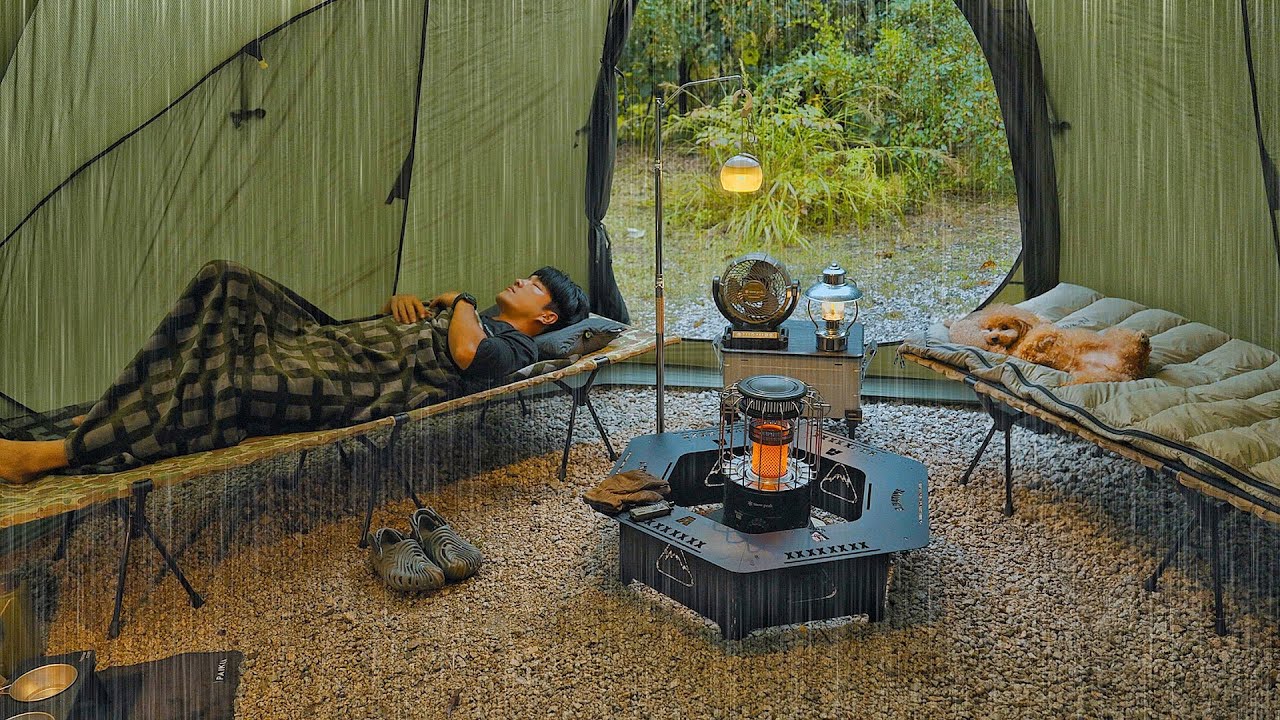 Лесной кемпинг под дождём с собакой . Новая палатка . Шум дождя ASMR