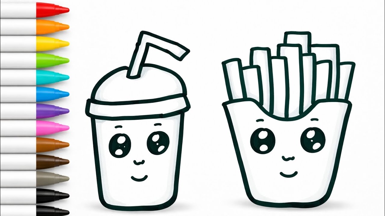 Простой рисунок фастфуда для детей | Бургер, пицца, картошка фри и напиток