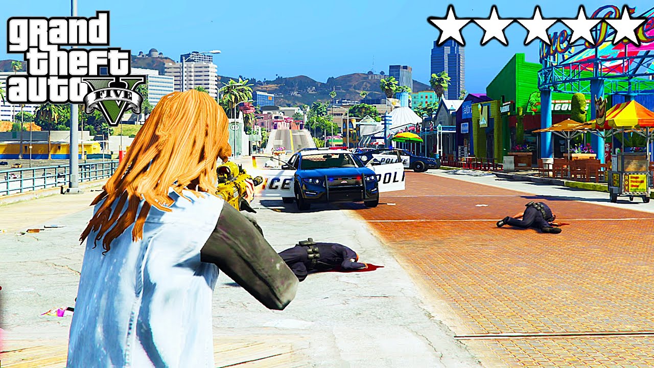 GTA 5 CRAZY GIRL FIVE STAR POLICE WANTED LEVEL RAMPAGE ESCAPE - YouTube