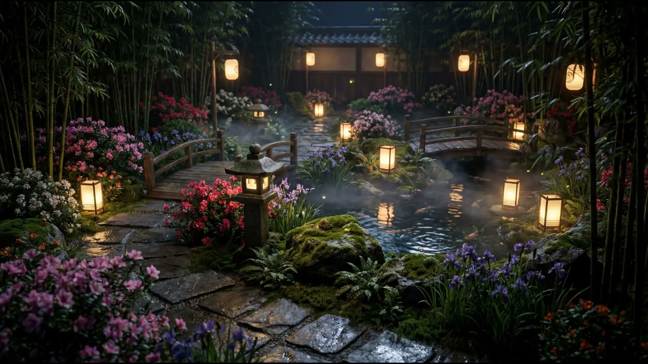 Tranquil Japanese Garden at Night 🌙 Relaxing Music for Sleep, Study & Meditation | 30+ Minutes