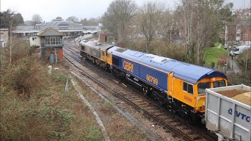 GBRf 66741 + Freshly painted 66799 pass Lewes working 6M26 - 3/2/22