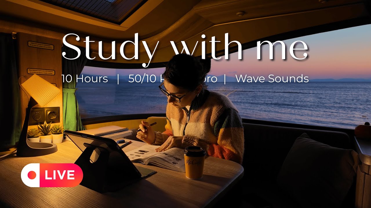 LIVE | 10 HOURS STUDY WITH ME🕯️Late Night Study | Wave Sounds (No Music)