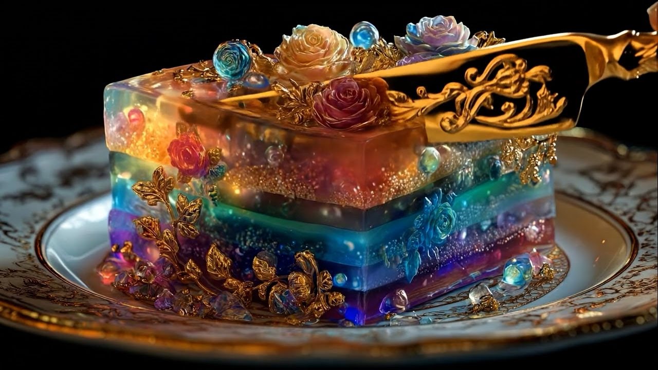 Cutting Crystal Jelly Cake ASMR Relaxing Transparent Dessert