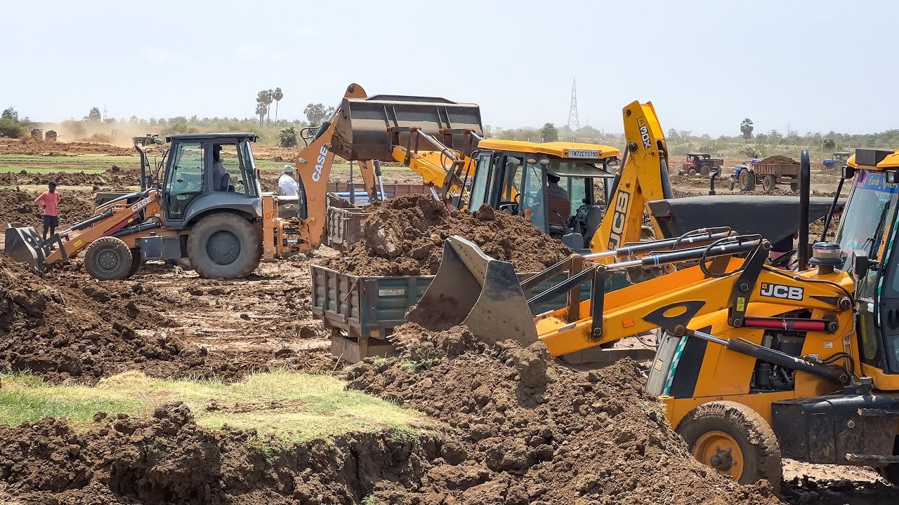 3 JCB 3DX Plus and Case 770 FX very Brisk Loading Mud in Many Tractor in Village Pond | Jcb video