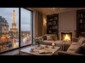 Rainy Eiffel Tower View from Cozy Room 🌧 Fireplace Sounds for Sleep and Relax