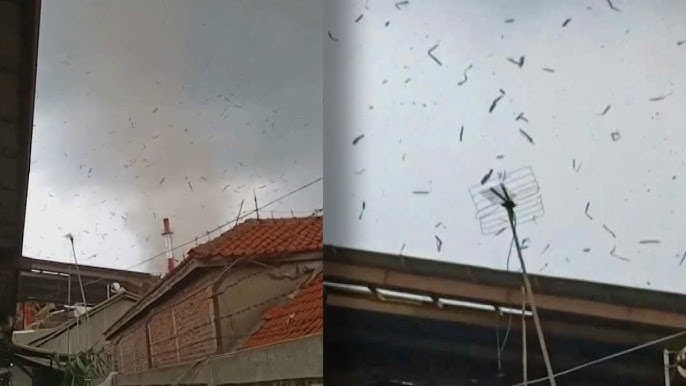 Tornado Throws Roof Tiles In The Air