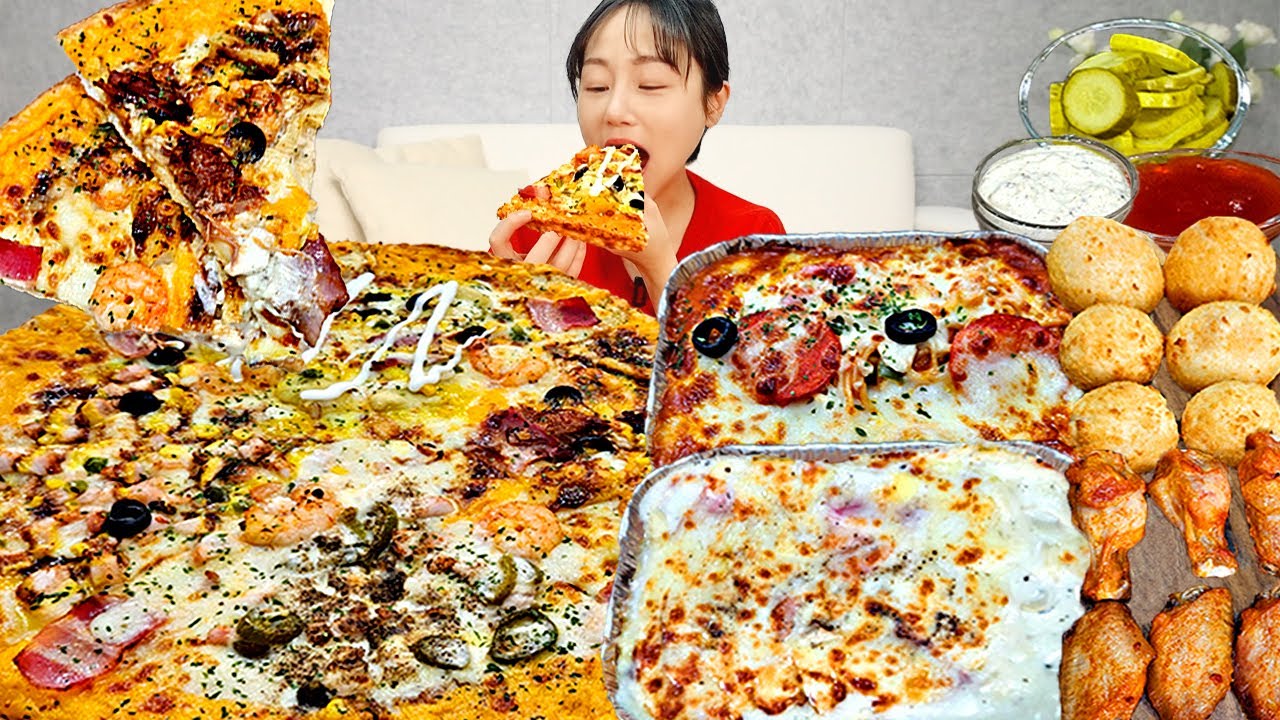 토핑가득 4가지 맛 피자에 치즈오븐스파게티 까르보나라 치즈볼 핫윙봉까지 리얼사운드🍕 고구마 까르보치킨 쉬림프 치킨바베큐 Pizza & Pasta MUKBANG ASMR