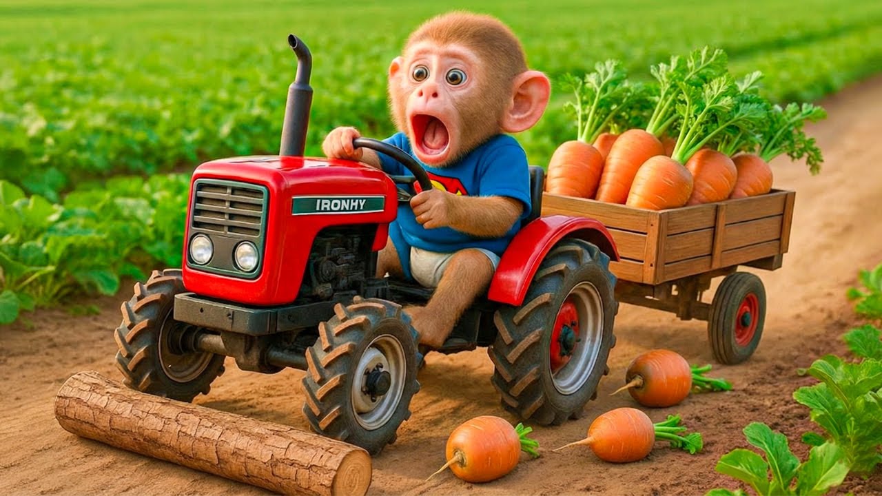 Monkey Zizi Drives Tractor to Harvest Carrot and Catches a Sneaky Thief Stealing Train Tracks! 🐒🥕