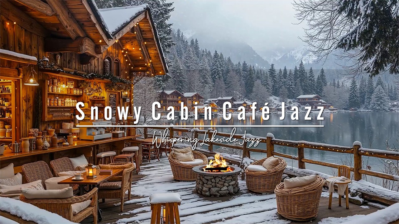 Snowy Lakeside Cabin Café Porch ❄️Calm Winter Jazz Playlist with Fireplace for Study & Stress Relief