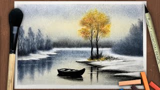 Soft Pastel Winter Lake Landscape Drawing | Boat & Autumn Tree Scenery Art screenshot 5