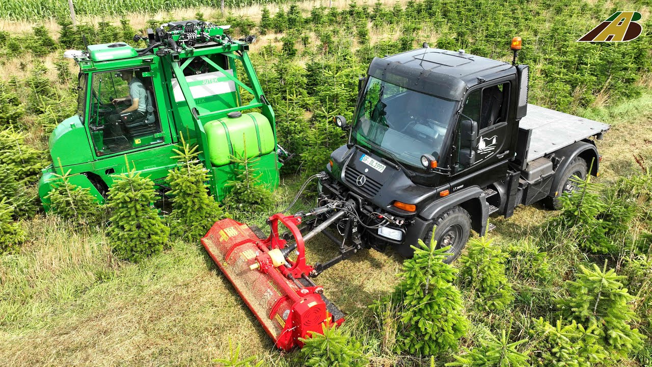 Forstwirtschaft Thema: Weihnachtsbäume anbauen - Portaltraktor Jutek & Unimog 300 bei der Baumpflege