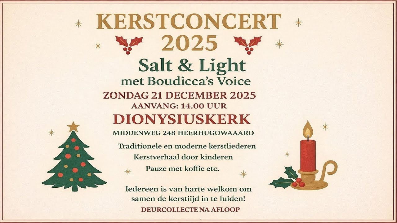 Zondag 21-12-2025 14.00 uur kerstconcert Salt & Light met Boudicca's Voice
