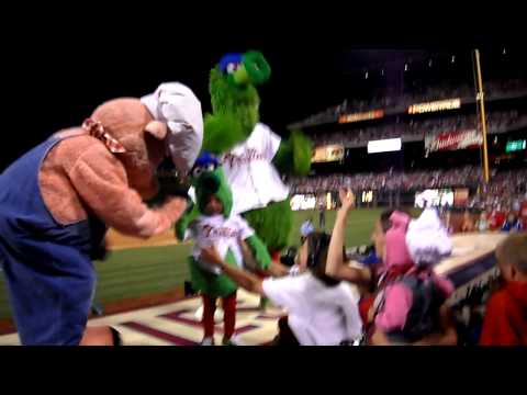 Kids in Costumes Dance on Dugout with Philly Phanatic & Hatfield Pig