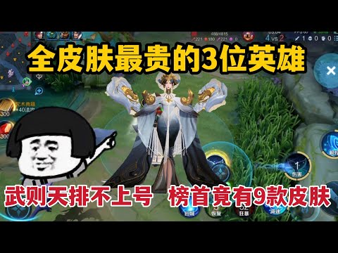全皮肤最贵的3位英雄，武则天排不上号，榜首竟然有9款皮肤