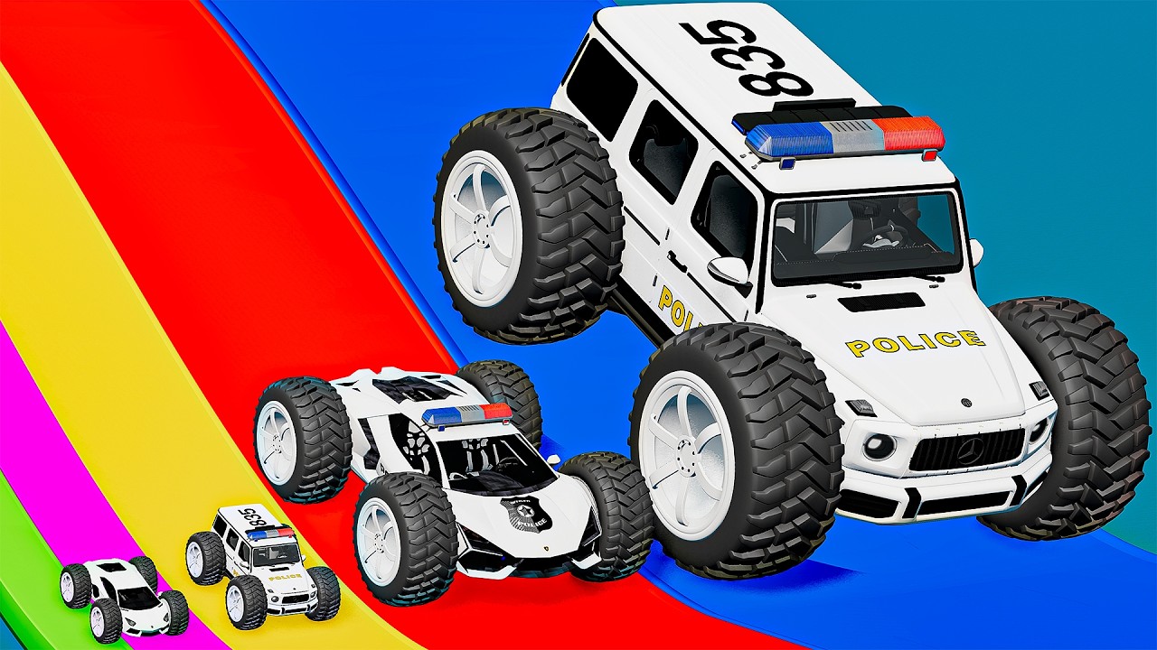 Small Cars on Big Police Car vs Slide Color with Portal Pool Cars vs Deep Water in BeamNG.drive #1